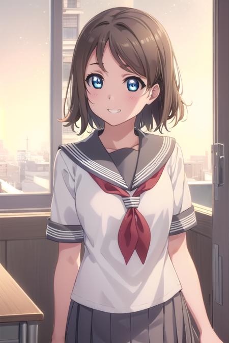 youwatanabe, <lora:you watanabe s2-lora-nochekaiser:1>,
you watanabe, short hair, blue eyes, brown hair, smile, grin,
BREAK skirt, school uniform, short sleeves, pleated skirt, serafuku, socks, neckerchief, kneehighs, black socks, (red neckerchief:1.2), grey skirt, uranohoshi school uniform,
BREAK indoors, classroom,
BREAK looking at viewer, (cowboy shot:1.5),
BREAK <lyco:GoodHands-beta2:1>, (masterpiece:1.2), best quality, high resolution, unity 8k wallpaper, (illustration:0.8), (beautiful detailed eyes:1.6), extremely detailed face, perfect lighting, extremely detailed CG, (perfect hands, perfect anatomy),