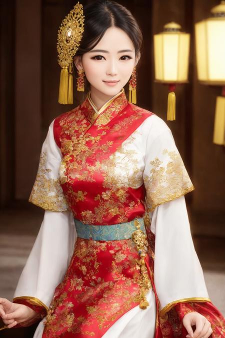 Masterpiece, highest quality, 8k, hdr, (head to toe:1.4), RAW digital model shot portrait of a stunning young chinese woman standing proudly, smiling mysteriously at viewer, expensive traditional clothes, hair adornments, discrete jewelry, imperial city, intricate details, at dusk, lighting from lanterns and sunset coming from outside the frame, realistic lighting, dynamic colors from lighting, hyperrealistic