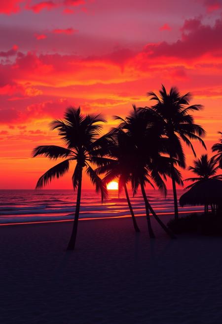 beach scene with a vibrant orange and pink sunset, silhouetted palm trees swaying in the breeze, tranquil and serene atmosphere, high detail, cinematic, hyperrealistic, digital painting, beautiful lighting, 8k resolution, masterpiece, by Andrei Kolkoutine and Thomas Kinkade