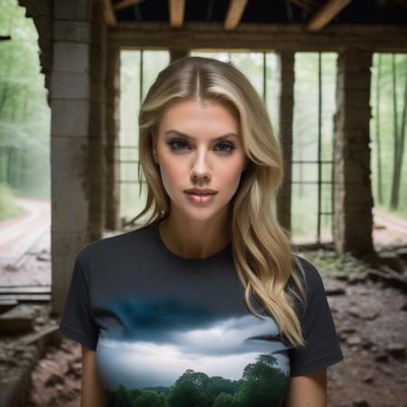 <lora:charlottemckinney_sdxl:1>  charlottemckinney a beautiful woman, beautiful bone structure, in a (ruin), in the woods, spooky,  wearing a (t-shirt:1.1), (thunderstorm:1.2),  (realistic, photo-realistic:1.37), ultra high res, ultra-detailed, incredibly beautiful girl, 8k uhd, dslr, soft lighting, high quality, film grain, Fujifilm XT3