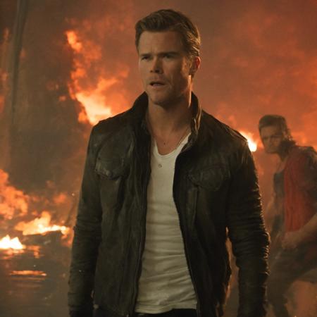 A photo of chrshmswrth as an action hero wearing a ripped leather jacket, dynamic pose, actionhelper