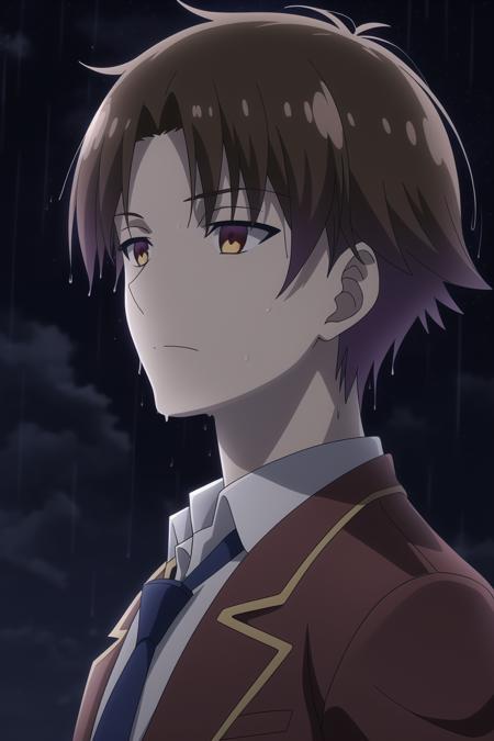 ayanokouji kiyotaka, 1boy, solo, male focus, brown hair, brown eyes, school uniform, white shirt, red jacket, blue necktie, night, night sky, starry sky, cloud, rain, wet, upper body