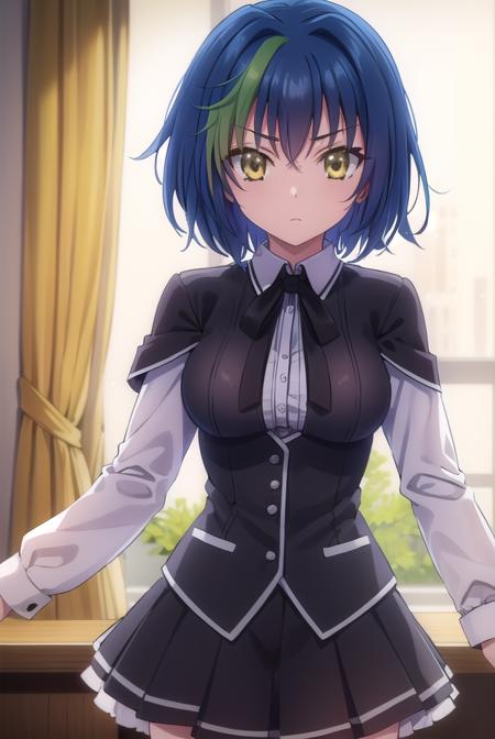 xenoviaquarta, <lora:dxd xenovia quarta anime s2-lora-nochekaiser:1>,
xenovia quarta, short hair, blue hair, (yellow eyes:1.5), multicolored hair, green hair, two-tone hair, streaked hair,
BREAK shirt, ribbon, school uniform, white shirt, black ribbon, neck ribbon, capelet, black capelet, long sleeves, skirt, red skirt,
BREAK indoors, classroom,
BREAK looking at viewer, (cowboy shot:1.5),
BREAK <lyco:GoodHands-beta2:1>, (masterpiece:1.2), best quality, high resolution, unity 8k wallpaper, (illustration:0.8), (beautiful detailed eyes:1.6), extremely detailed face, perfect lighting, extremely detailed CG, (perfect hands, perfect anatomy),