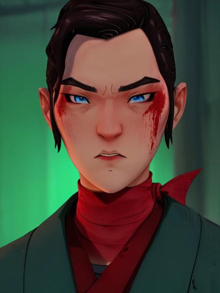 Mizu,  solo,looking at viewer,short hair,blue eyes,shirt,black hair,1boy,closed mouth,jacket,male focus,blood,makeup,looking down,thick eyebrows,red shirt,portrait,red jacket,green background,blood on face,blood on clothes   <lora:BlueEyES2:1>