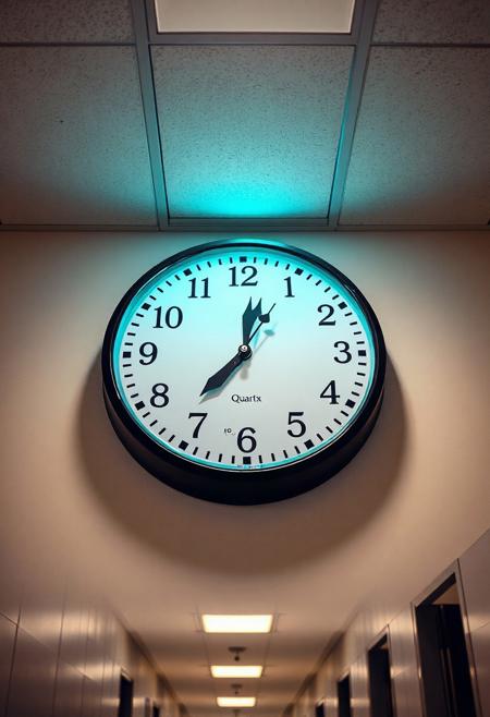 JNANX,luminous white silhouette,cyan glow,emerald highlights,flickering outline,dreamlike movement,
A detailed mixed-media collage. This image captures a large, round, black-framed clock mounted on a white wall in what appears to be a school or office hallway. The clock face itself is white with clear black numbers from 1 to 12. Interestingly, the hour and minute hands are completely missing, indicating the clock is non-functional or broken. The "Quartz" label is visible towards the bottom of the clock face. The perspective is slightly upward, showing a typical drop-ceiling with square panels and fluorescent lighting fixtures. The lighting is bright, illuminating the clean, unadorned wall and ceiling. The overall impression is one of a forgotten or neglected piece of equipment in an otherwise ordinary, utilitarian institutional setting.