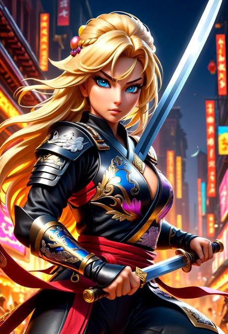 masterpiece,HDR,trending on artstation,sharp focus,high contrast,8K,Hyper-detailed,intricate details,cinematic lighting,   <lora:add-detail-xl:1> perfect eyes, crystal clear eyes, nsfw, hyper maximalist , American theme, blonde hair, 
image presents a stylized  ninja, characterized by vibrant and abstract splashes of hot dogs and eagles. the main figure, the ninja, is depicted in a dynamic pose, holding a sword, which suggests action or combat. the background features bold and expressive brush strokes that create an energetic atmosphere. the colors used are vivid and varied, with multiple shades and hues creating a lively visual experience. overall, the style can be described as modern and artistic, with a strong emphasis on movement and energy.