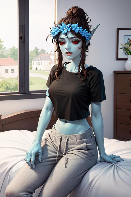 (masterpiece, best quality:1.2), <lora:azura:1>, azura, 1girl, solo, shirt, pointy ears, pants, hair bun, breasts, large breasts, black shirt, midriff, colored skin, blue skin, bed, monitor, indoors, window, sitting,