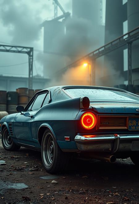 score_9, score_8_up, score_7_up, score_6_up, 
portrait, masterpiece, 4k, ray tracing, intricate details, highly detailed,
A vintage car with blue paint, rugged body, electric motor, neon-lit rims, custom taillights, wood trim, custom exhaust,  parked in a polluted industrial area, with smog lingering above, toxic waste barrels scattered, and a sense of neglect and decay
cinematic light, dramatic light, shallow depth of field, vignette, highly detailed, high budget, bokeh, cinemascope, film grain, grainy