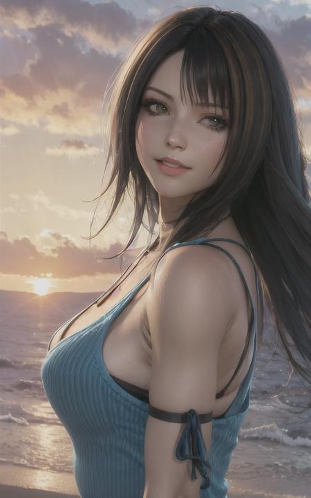 rinoa, blue duster, brown hair streaks, blue wristbands, half body, windy, wind blowing hair, realistic, smile, dramatic sunset, backlight, <lora:Rinoa-v2:0.8>