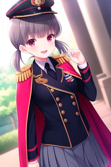 (masterpiece, best quality), highly detailed background, perfect lightingbest quality, shiginomutsumi, solo, outdoors, military, military hat, grey hair, low twintails, short twintails, blunt bangs, short hair, red eyes, cape, epaulettes, black jacket, frills, (hand on hip), (arm up, hand up), grey skirt, pleated skirt, military uniform, smile, open mouth, :d, pink lips, <lora:Shigino-Mutsumi:0.7>