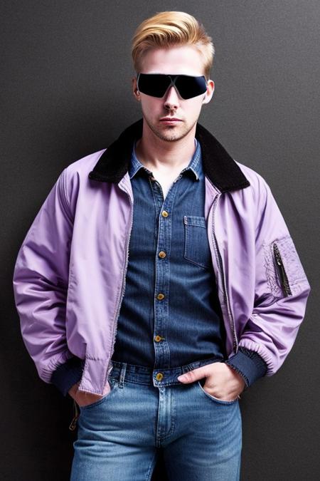 Straw Blond Haired, light Violet eyed,  young man, with a straw blond goatee and bushy Eyebrows wearing a Purple Pilot Jacket blue jeans black combat boots and aviator goggles