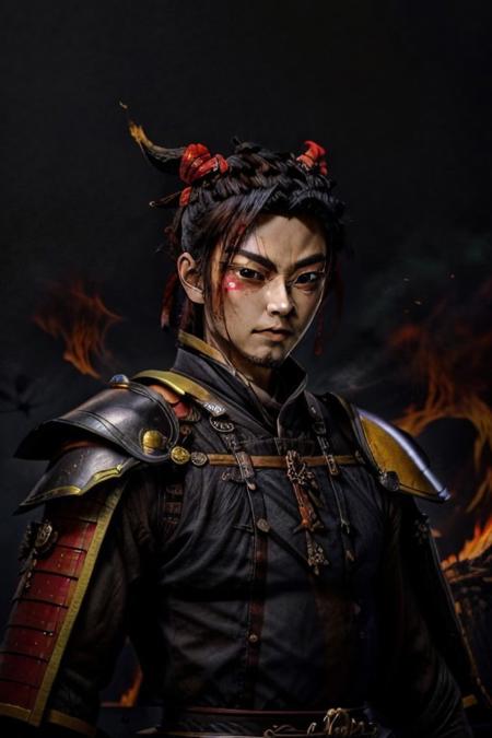 RetroAnime Style, 1man, male, solo, long hair, black hair,  topknot, loraeyes, (((colored skin, red skin red skin red skin, red eyes, black sclera))), evil smile, smirk, (((samurai armor))), flames, fire, Hell, demons, sinister, villain, monster, demon, retro artstyle, 1990s (style), , masterpiece, best quality , official art , <lora:RetroAnime:0.8>, sfw