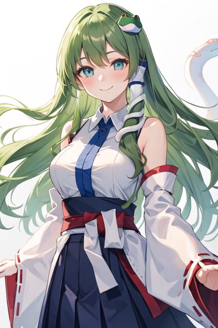 best quality, masterpiece, highres, solo, {kochiya_sanae_touhou:1.15}, green_hair, long_hair, hair_ornament, frog_hair_ornament, snake_hair_ornament, hair_tubes, blush, bangs, breasts, smile, green_eyes, upper_body, blue_eyes, 1girl, detached_sleeves, looking_at_viewer, shirt, white_shirt, collared_shirt, bare_shoulders, closed_mouth, blue_skirt, nontraditional_miko, skirt, sleeveless, sleeveless_shirt, wide_sleeves