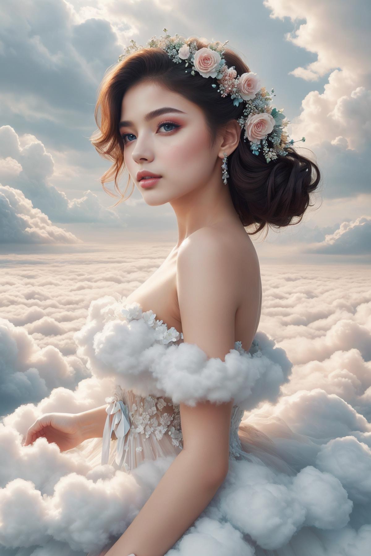 A beautiful girl with a flower in her hair standing in the clouds.