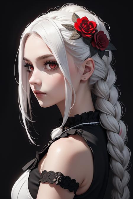 (intricate detail, beautiful:1.2), warrior girl, solo, flower, red eyes, white hair, red flower, hair flower, white flower, hair ornament, from side, simple background, upper body, sideways glance, expressionless, (charcoal black theme:1.3), looking to the side, french braid