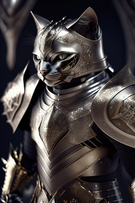 kneeling cat knight, portrait, finely detailed armor, intricate design, silver, silk, cinematic lighting, 4k