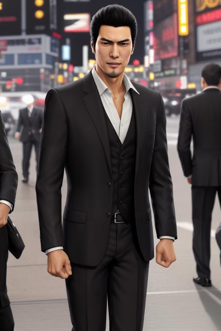 Kiryu, man with dark hair, young, brown eyes, happy, black suit with white shirt underneath, in new york <lora:FRNK_Kiryu:0.7>