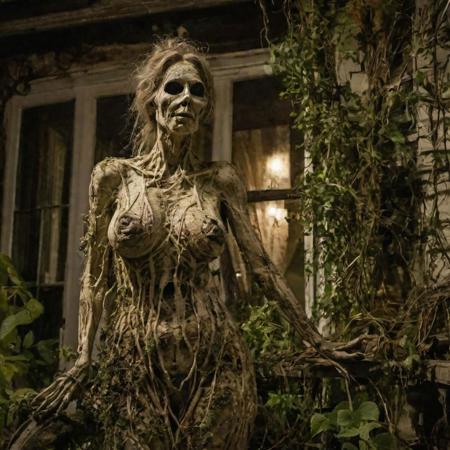 scary transparent caucasian mature female full body huge saggy breast, phantom portrait sculpture, rotten skin in advanced decay with little plants growing out of it, mystery low light photography portrait with small depth of field, inside on old Victorian house at night with candle lights