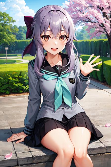 masterpiece, best quality, highres, aashinoa, hair bow, serafuku, sailor collar, green neckerchief, grey shirt, long sleeves, black skirt, <lora:hiiragi_shinoa_v1:0.7>, sitting, smile, open mouth, waving, petals, outdoors