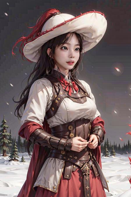 1girl wearing fanyang felt hat, big breasts, ((red cloak, holding sword)), long hair, armor, masterpiece, best quality, photorealistic, snowing, moon light,  front view, <lora:fanyang_felt_hat_v2:0.6>