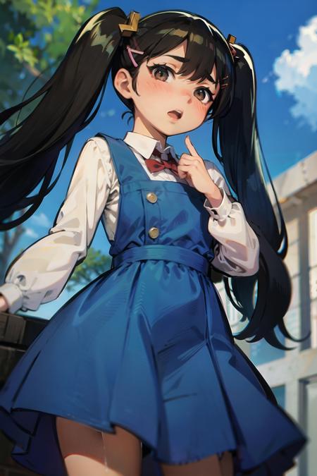 1girl, solo, blush, black hair, looking at viewer, dress, from below, twintails, pinafore dress, white shirt, blue dress, shirt, blurry, outdoors, bangs, blurry background, sleeveless dress, brown eyes, long sleeves, day, pleated dress, depth of field, sleeveless, hairclip, hair ornament, nose blush, looking down, blue sky, school uniform, standing, sky, parted lips, open mouth