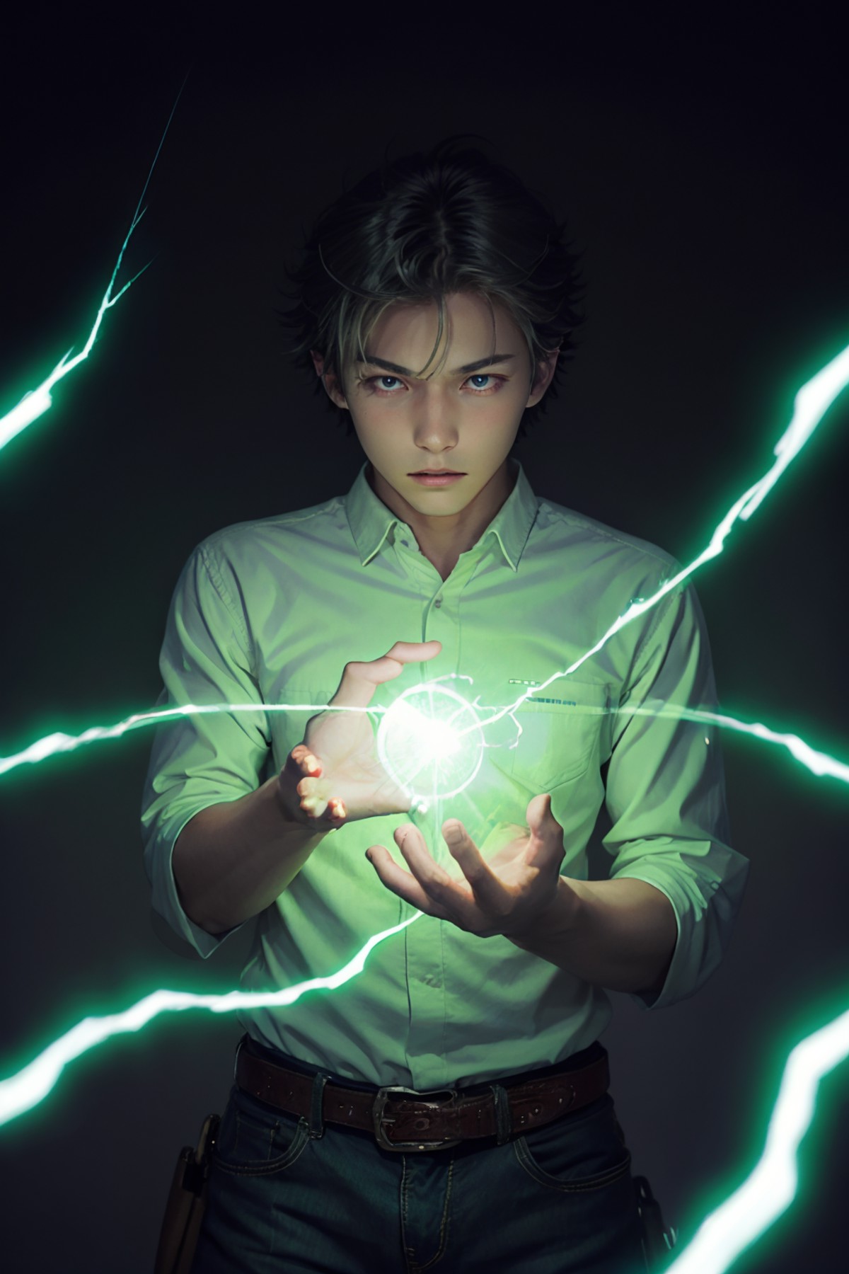 <lora:lightning_v1:0.4>,1boy,cowboy shot,green electricity,green aura,green lightning,condense energy in his hands,