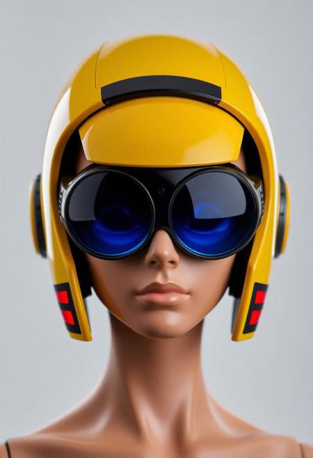 The figure's head is encased in a streamlined helmet, predominantly yellow with black accents. The helmet appears highly polished, with a smooth, almost glossy finish. Integrated into the helmet are large, circular, reflective lenses that cover the eyes entirely. The lenses glow with blue hue, giving off a cool, futuristic aura. These oversized goggles suggest an augmented reality or heads-up display function, typical of high-tech environments. Around the figure’s ears are sleek, futuristic headphones, which are seamlessly built into the helmet design. These headphones are primarily black with red, horizontal stripes along the side, indicating an interface for communication or audio enhancements. The skin tone appears smooth and artificial, hinting at synthetic or modified human characteristics