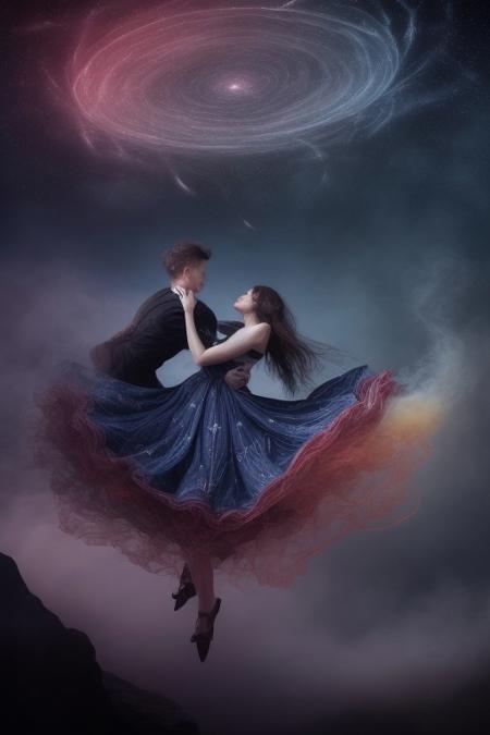 surreal, waltz of fractal smoke over the abyss, fantasy smoke, dresses and stars, dynamics, movement, wind, colorful, intricate details, perspective, hyper-detailed, hyper-realism, professional photoshoot