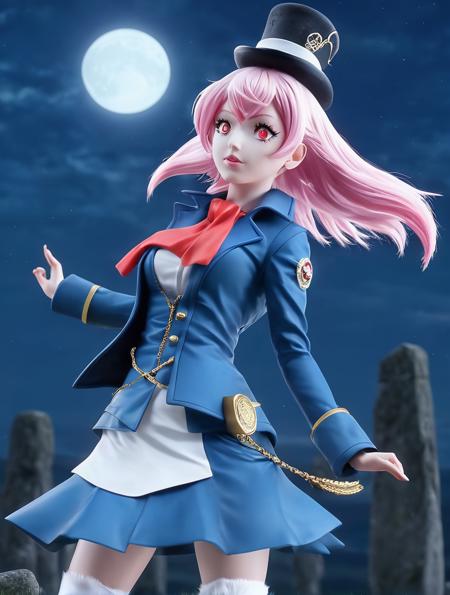 masterpiece, best quality, ultra-detailed, wide angle, wide shot, full body, stonehenge, night, full moon, a secret society of time travelers, emullh, 1girl, pink hair, short hair, blue jacket, top hat, long sleeves, white thighhighs, red eyes, looking at viewer, (8k, masterpiece, best quality, ultra-detailed), cinematic lighting, Intricate, High Detail, Sharp focus, dramatic <lora:emullh_xl_01:1>