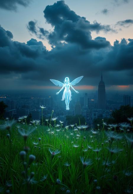 In a dreamlike scene, a fragile, luminescent being with an ethereal aura levitates above a vibrant, emerald-green meadow, surrounded by wispy, feathery wildflowers that seem to glow in the fading twilight. In the distance, a cityscape rises, its skyscrapers and towers twisted and distorted, as if reflected in a funhouse mirror. The atmosphere is heavy with an air of mystery and foreboding, with dark, velvety clouds gathering on the horizon. The being's presence is both captivating and unsettling, its radiance illuminating the surreal landscape. The colors are rich and muted, with deep blues and purples contrasting the soft, green hues of the meadow, evoking a sense of wonder and unease.