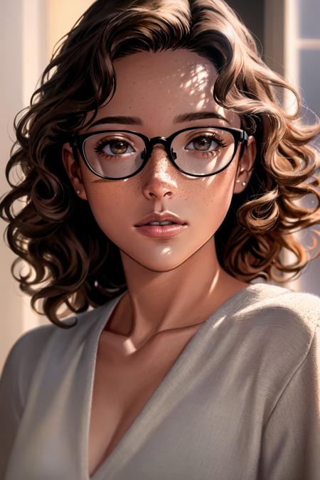 masterpiece of photorealism, highly detailed photorealistic 8k profesional raw photography, best quality, volumetric Real-Time lighting and shadows, short light skinned black female, long curly with no frizz brown hair, glasses, freckles, brown eyes, no imperfections