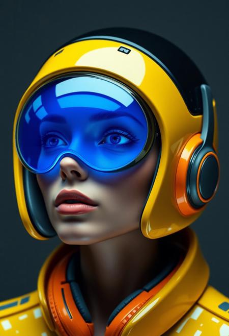 The womans's head is encased in a streamlined helmet, predominantly yellow with black accents. The helmet appears highly polished, with a smooth, almost glossy finish. Integrated into the helmet are large, circular, reflective lenses that cover the eyes entirely. The lenses glow with blue hue, giving off a cool, futuristic aura. These oversized goggles suggest an augmented reality or heads-up display function, typical of high-tech environments. Around the woman's ears are sleek, futuristic headphones, which are seamlessly built into the helmet design. These headphones are primarily Orange with grey, horizontal stripes along the side, indicating an interface for communication or audio enhancements. The skin tone appears smooth and artificial, hinting at synthetic or modified human characteristics