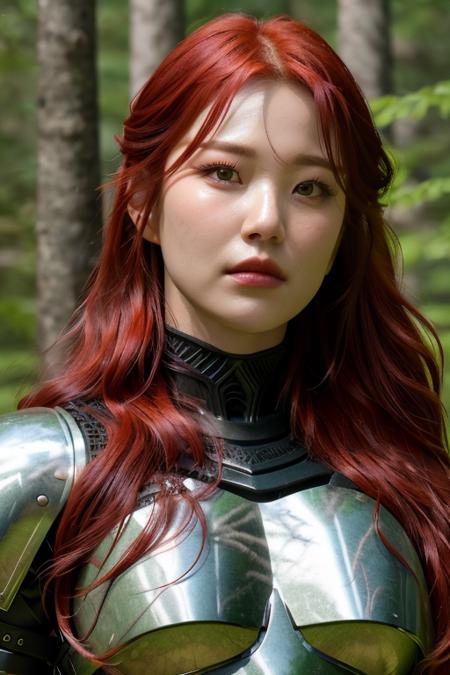 a fromisjiheon, perfect eyes, (red hair:1.1), (ultra realistic:1.2), (standing in forest:1.2), (close-up photo:1.5), (great black armor:1.1), (intricate:1.2), (looking at camera:1.2), <lora:fromisjiheon23-dreambooth-v1:1>