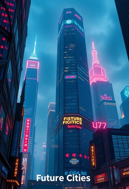 Skyscrapers, Neon Lights, Future, Technology, Movie Poster, (subtitles: Future Cities)