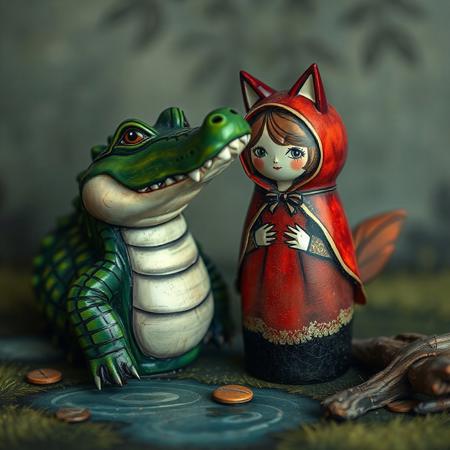 a crocodile matryoshka doll and the little shy red riding hood wolf girl, no humans