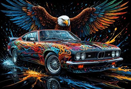Finely detailed vector illustration, classical sports car, american eagle, symbiosis, ultra realistic quality, interwoven pattern, black background, hyperdetailed, intricately detailed,  triadic colors,fantastical,intricate detail,splash screen,complementary colors, fantasy concept art, 8k resolution, masterpiece, oil painting, thick strokes, rich strokes, running drops,
