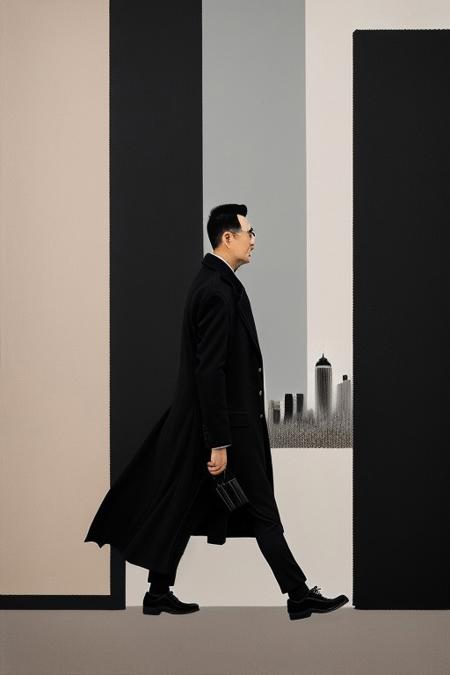 masterpiece,best quality,<lora:LB1:1.3>,liubai,minimalism,abstract,simple background,portrait, dark image, 1 gentleman, black coat, black cylinder, walks next to a large skyscraper, steampunk architecture