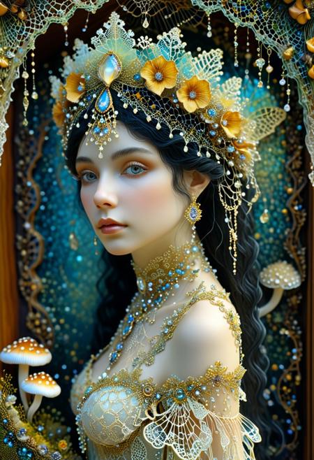 A fairy queen with dark hair is intricately adorned, featuring lace, Miatake mushrooms, triboluminescent crystals, and elaborate lace. The detailed design also includes shelf fungi, Grifola frondosa, and iridescent elements reminiscent of Gustav Klimt's artwork. Delicate spiderwebs hang with jewels and dew, further enhancing her ethereal beauty.
