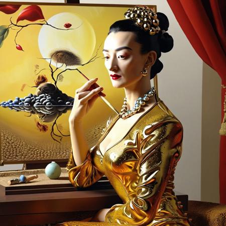 (((create a painting with the mix the style of (Tq) and Salvador Dal))) lady in waiting.  High Definition 64K, Detailed and Intricate, Digital Art, Studio Lighting, Beautiful Lighting