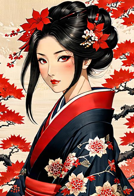 {{{Ukiyo-e_style}}},{{flat_style}},{simple_colors},{{{masterpiece}}},{katsushika_hokusai},long_hair,hair_flower,{{black_hair}},red_eyes,red_sky,{chinoiserie},{{{best_quality}}},kimono,{{ultra-detailed}},{illustration},Maple_leaves_flying,{{1girl}},{{{solo}}},{{an_extremely_delicate_and_beautiful}},blank_stare,close_to_viewer,{breeze},{Flying_splashes},{Flying_petals},wind,{Gorgeous and rich graphics},