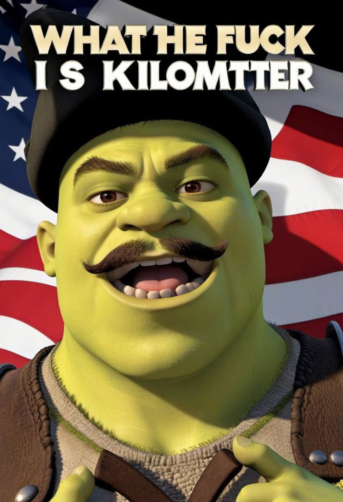 ("What*The*Fuck*Is*A*Kilometer" logo text), Action shot, Shrek1024 as soldier, (wears camouflage shirt), ((military unifor...
