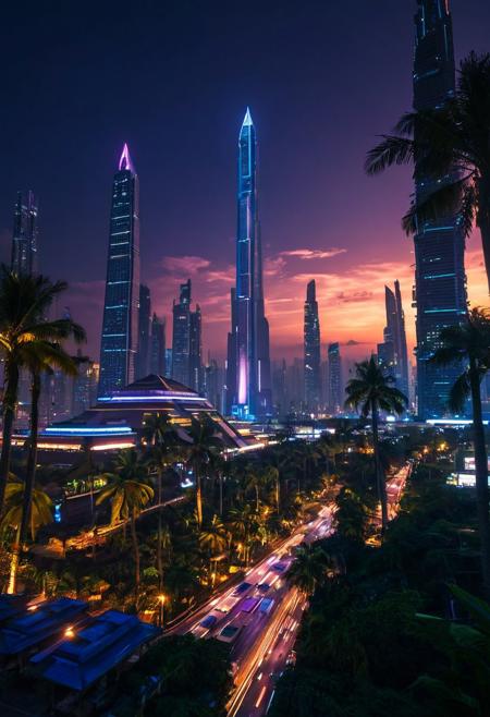 A futuristic, cyberpunk cityscape set in a tropical environment during the summer solstice. The scene features sleek, neon-lit skyscrapers and advanced architecture, but instead of the typical urban jungle, it is surrounded by lush, vibrant tropical vegetation and palm trees. The sky is a deep blue with a few fluffy white clouds, and the sun is high, casting a warm glow. The atmosphere is a blend of futuristic and tropical, with exotic flowers and greenery intertwined with metallic and glass structures. The lighting is bright and vivid, capturing the essence of a tropical solstice in a cyberpunk world. High-resolution, detailed textures, and a dynamic interplay of light and shadow
BREAK
(
night cityscape, skyscrapers, huge docked spaceship in the horizon,Egyptian pyramids tall  as the sky, multi layered highways that circle the  city center ,  illuminated buildings, neon lights, urban skyline, futuristic, cyberpunk aesthetic, sunrise, atmospheric haze, street lamps, architectural lighting, high-rise towers, city glow, modern metropolis, dynamic composition, wide shot:1.8)