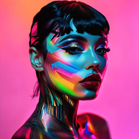 Cibher-Cleopatra. MonicaAriana's breathtaking illustration of a captivating egiptian woman adorned with an intricate, glowing neon rainbow tattoo. The tattoo consists of shimmering, thin intrincate glowing hieroglyph pattern that cover her entire body, creating a mesmerizing, otherworldly effect. The level of detail is exceptional, capturing the texture of the skin and the precise lines of the stripes. The overall ambiance of the piece is reminiscent of a detailed painting or graffiti, bringing the figure to life and showcasing the artist's extraordinary skill. MonicaAriana's name is prominently displayed at the base, 3d render, painting, illustration, vibrant