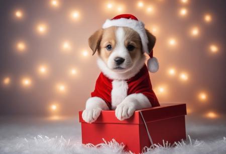 Sparkling lights Christmas background, 
cute baby puppy wearing Santa suit, 
gift box, 
emotional background photo, 
high quality background photo