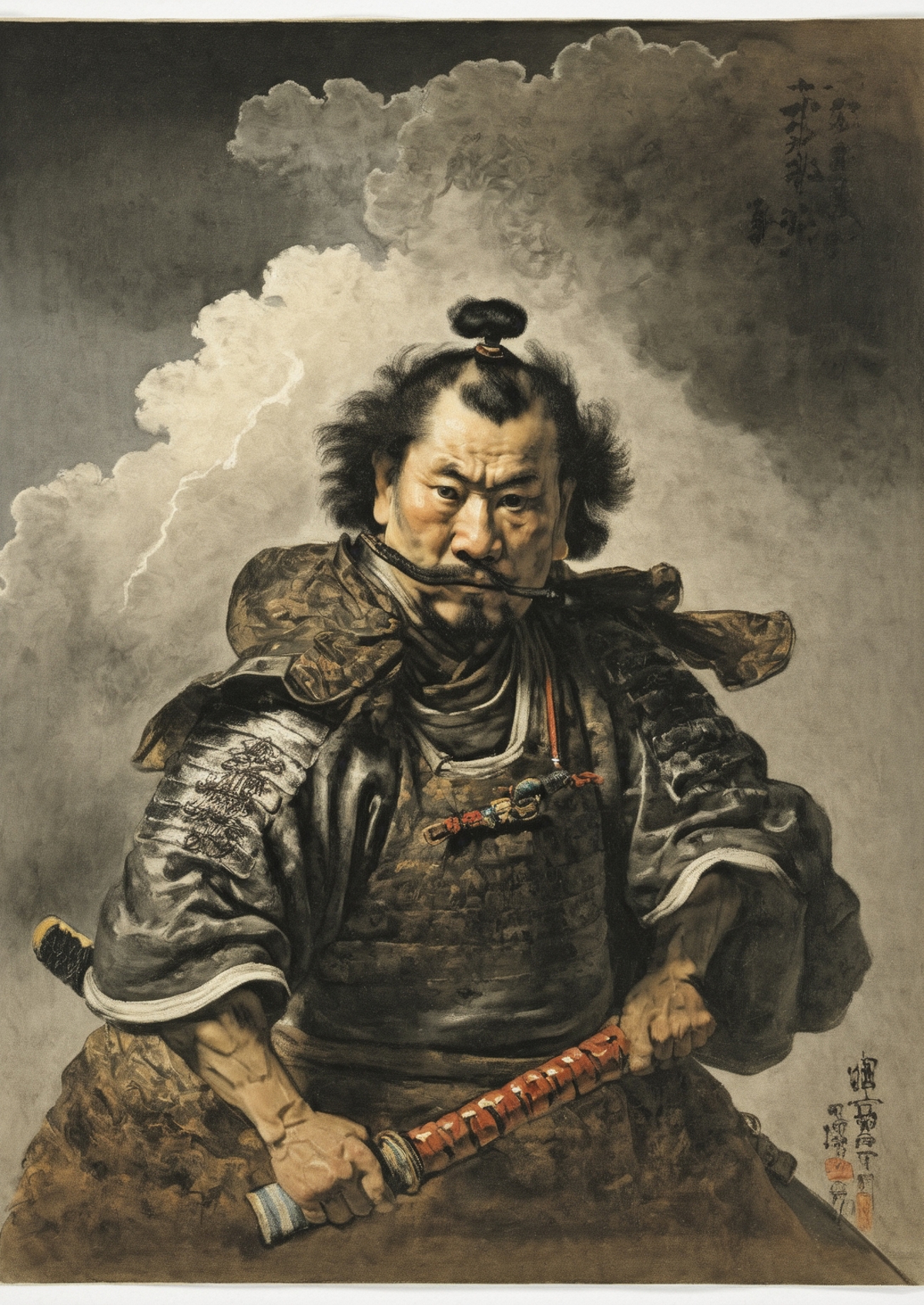 Man in Samurai Armor with a Sword and Bow - Painting