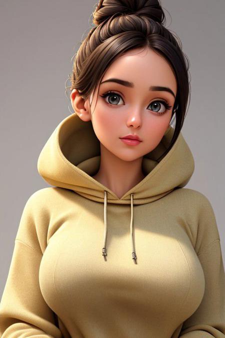 a stunning woman wearing a (sweatshirt:1.1),(hair-bun),(4k, RAW photo, best quality, depth of field, ultra high res:1.1),(absurdres, intricate, photorealistic, masterpiece, ultra-detailed:1.2), lifting her top to reveal large breasts,  clothes lift, nsfw