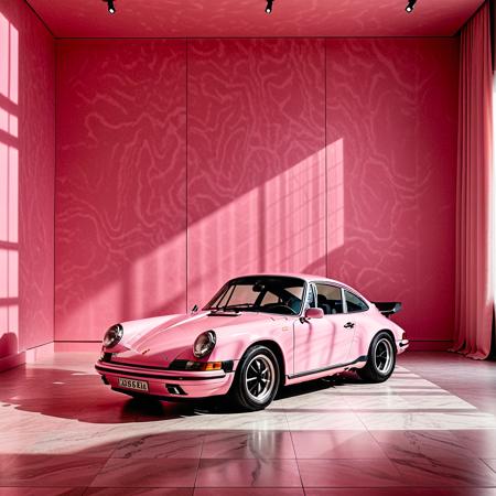 professional detailed photography, a pink porsche car with dark flower pattern in a room with a pink wall,gallery,1974 porsche 911,2019,in style of juergen teller,inspired by Hendrick van Balen,museum lighting,exhibition,minimalism,delicate pink color,unsaturated colors,photo,extensive space,dezeen showroom,highly detailed-h 704,finely detailed car,marble skin,8k high quality detailed,remote frame,exhibition hall,aesthetic,dark color print on the car,many shadows,cinematic deep shadows,pastel_color,light exposure background,curtains background,background lighting,shaded glass,deep not sharp shadows throughout the car,vintage photography,noise,warm light,frosted floor,, (muted colors, dim colors, soothing tones), (vsco:0.3)
