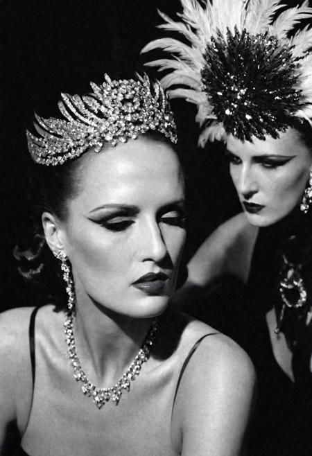 Photo by <lora:HELMUTNEWTON-000001:1> HELMUTNEWTON, photographer,  Close-up, High Key Lighting ,Fujifilm Provia 100F, “Cabaret Glamour”: Backstage at a burlesque show, a dancer adjusts her feathered headpiece. Sequins, red lipstick, and smoky eyes create an aura of sensuality. ,, fashion editorial photography, high-fashion imagery, avant-garde aesthetics, editorial storytelling, conveying fashion trends and concepts, artistic interpretation, expert styling, professional lighting, capturing fashion-forward visuals, creating visual impact, evoking emotion, pushing creative boundaries, large saggy breasts, deep cleavage, hard nipples,