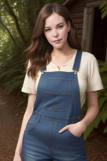 Picture, best quality, portrait photo of beautiful lady Koh_LivTyler, (denim overalls:1.1), (woods cabin in the background), looking at viewer, perfect face, perfect eyes, sharp focus on eyes, 8k high definition, insanely detailed, intricate, elegant, art by stanley lau and artgerm, Hajime Sorayama, William-Adolphe Bouguereau