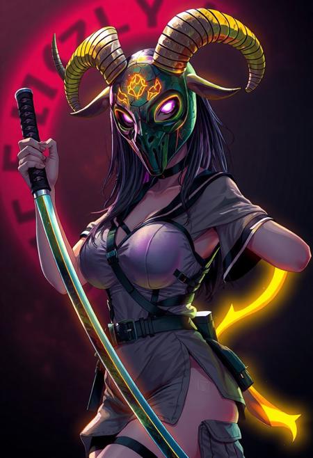 (dynamic compostion:1.2), anime style, masterpiece, best quality, amazing quality, very aesthetic, absurdres, newest, 8K,HDR,absurdres, colorful, 1girl, large breasts, action pose, ultra detailed cracked goat_mask, goat lighting, holding one katana, school uniform, harness, thigh pouch, glowing yellow goat tails, glitch art, virtual, colored shadow, geometry, local color adaptation, hdr, (chromatic aberration, polarized:1.2),